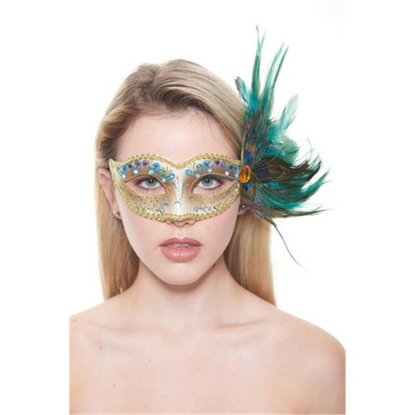 Kayso Carnival Plastic Masquerade Mask with Feathers Gold  Green One Size FM009A